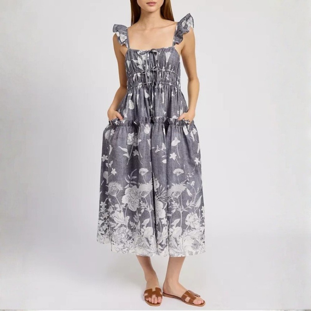 En Saison Sydney Floral-Print Midi Dress Grey Floral Toile Smocked Medium NWOT